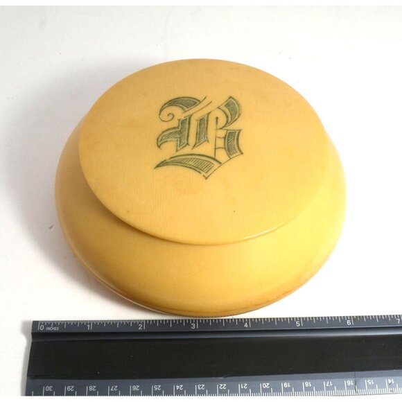 Vintage Yellow Celluloid Vanity Powder Jar/Trinket Box W/ Monogrammed Lid *Rare* - Picture 6 of 8